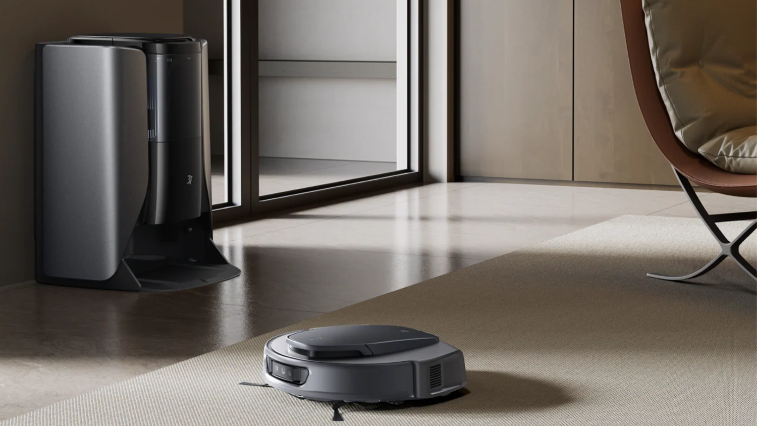 The robot vacuum is cleaning the carpet.