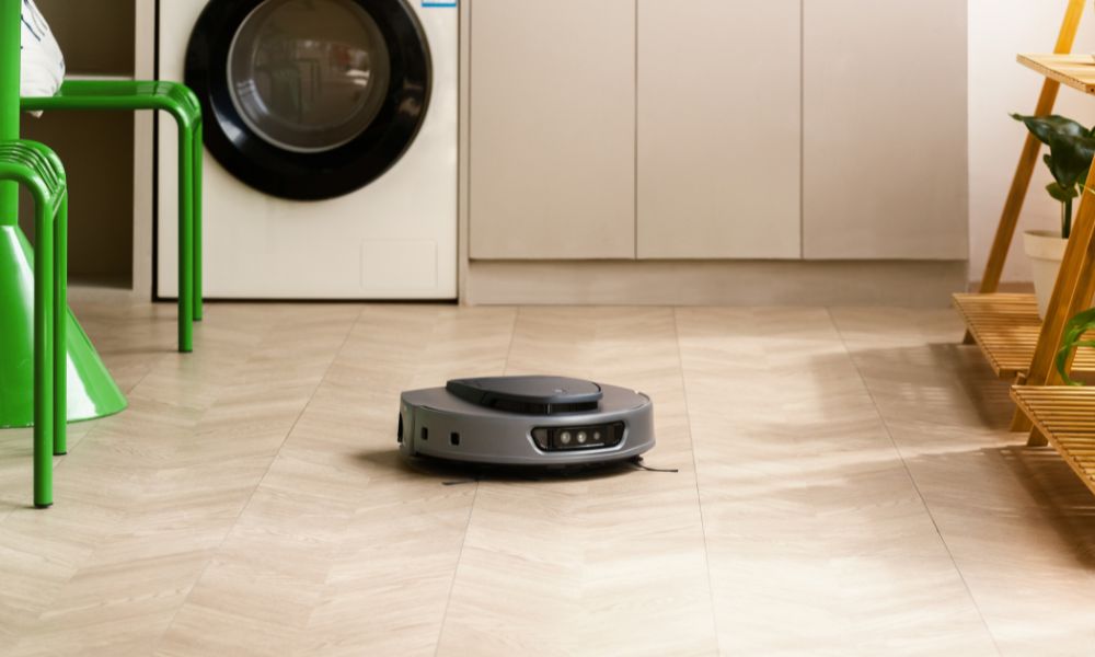 Robot vacuum cleaner cleaning the bedroom